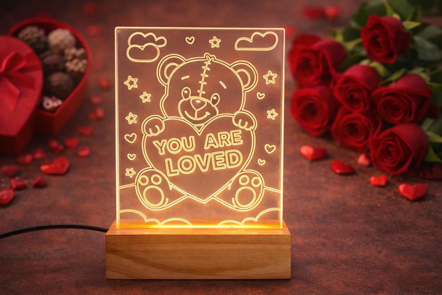 Valentine Week - Teddy Day, You are Loved LED Night Light with Wooden Base, Teddy Bear Design Acrylic Lamp with Power Adapter, Valentine's Day Gift Home Decor