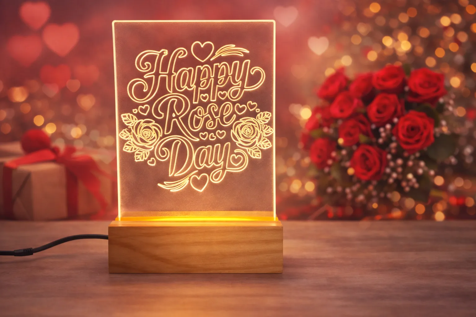 Happy Rose Day LED Acrylic Light with Wooden Base, Valentine's Day Gift, Decorative Night Lamp with Power Adapter
