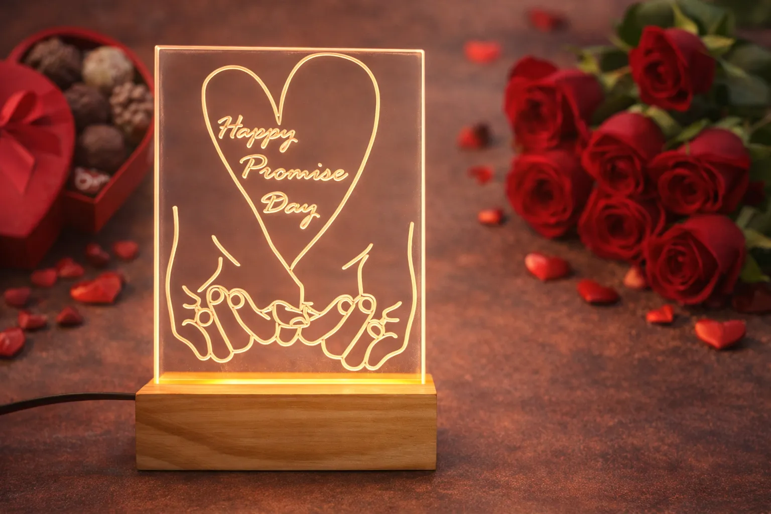 Happy Promise Day LED Acrylic Light with Wooden Base, Romantic Heart Design Night Lamp with Power Adapter, Valentine's Day Gift