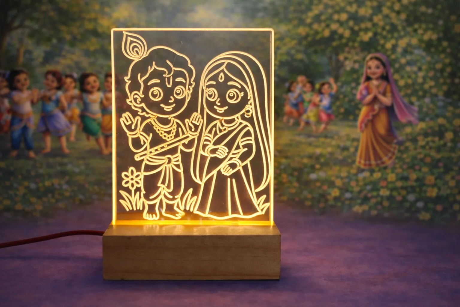 Radha Krishna LED Night Lamp with Wooden Base, Acrylic Engraved Illuminated Decorative Light for Mandir, Home Decor, Gift Item, Comes with Power Adapter