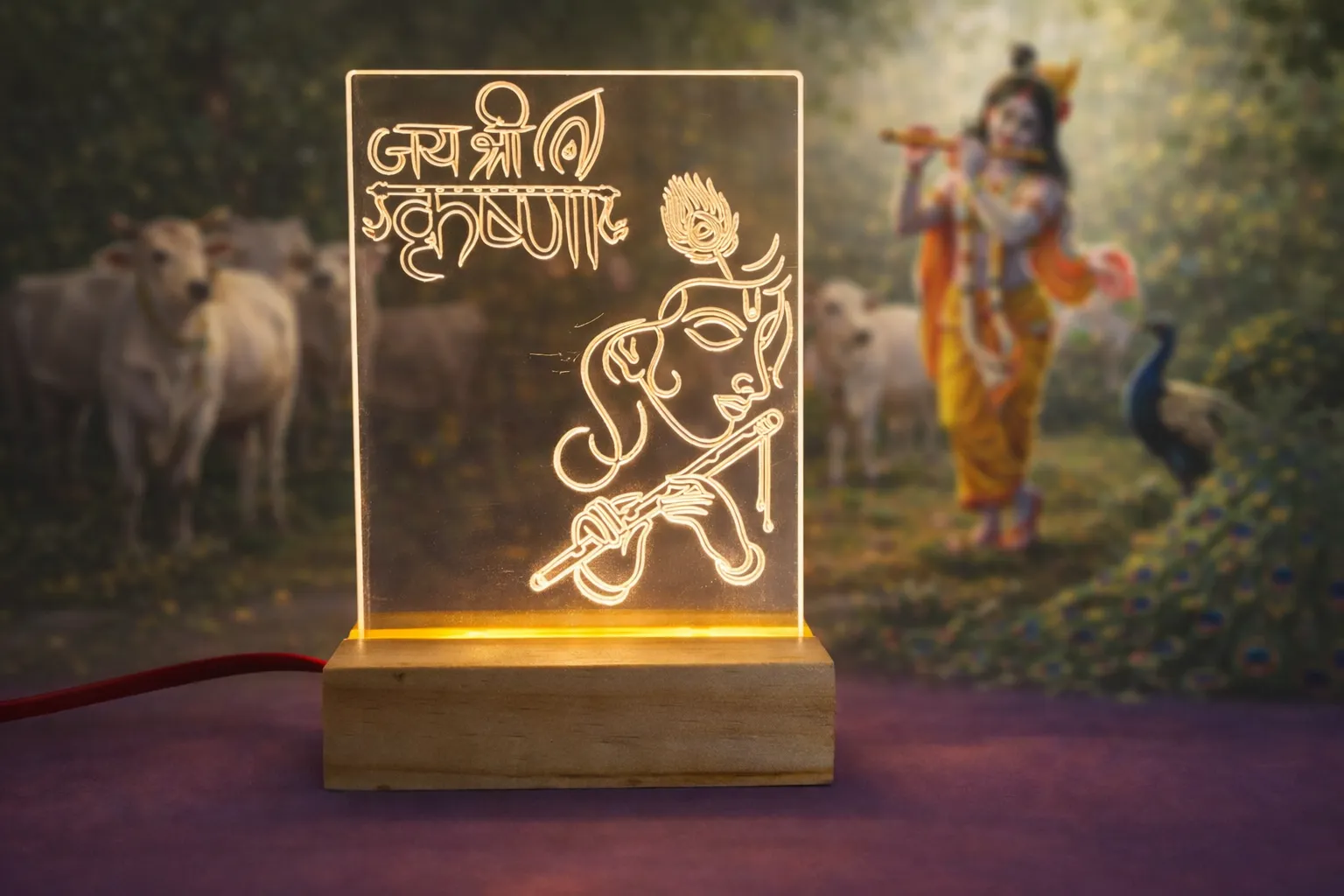 Jai Shri Krishna ji Night Lamp with Wooden Base, Power Adapter Included, Mandir Accessories, Home Decor 76% off