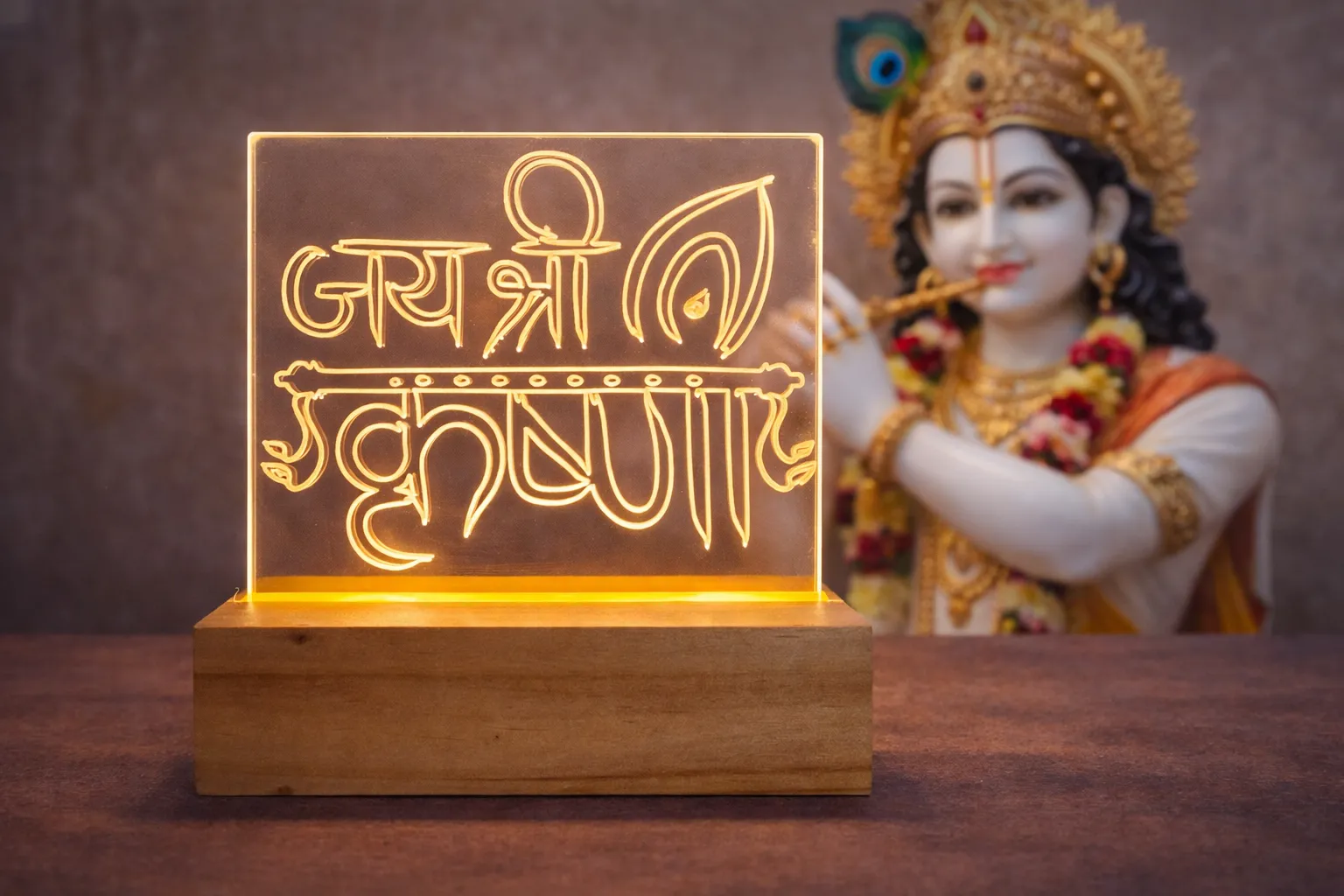 Jai Shree Krishna LED Acrylic Night Light lamp, Home Decor, Mandir Light, Premium Gift with Power Adapter