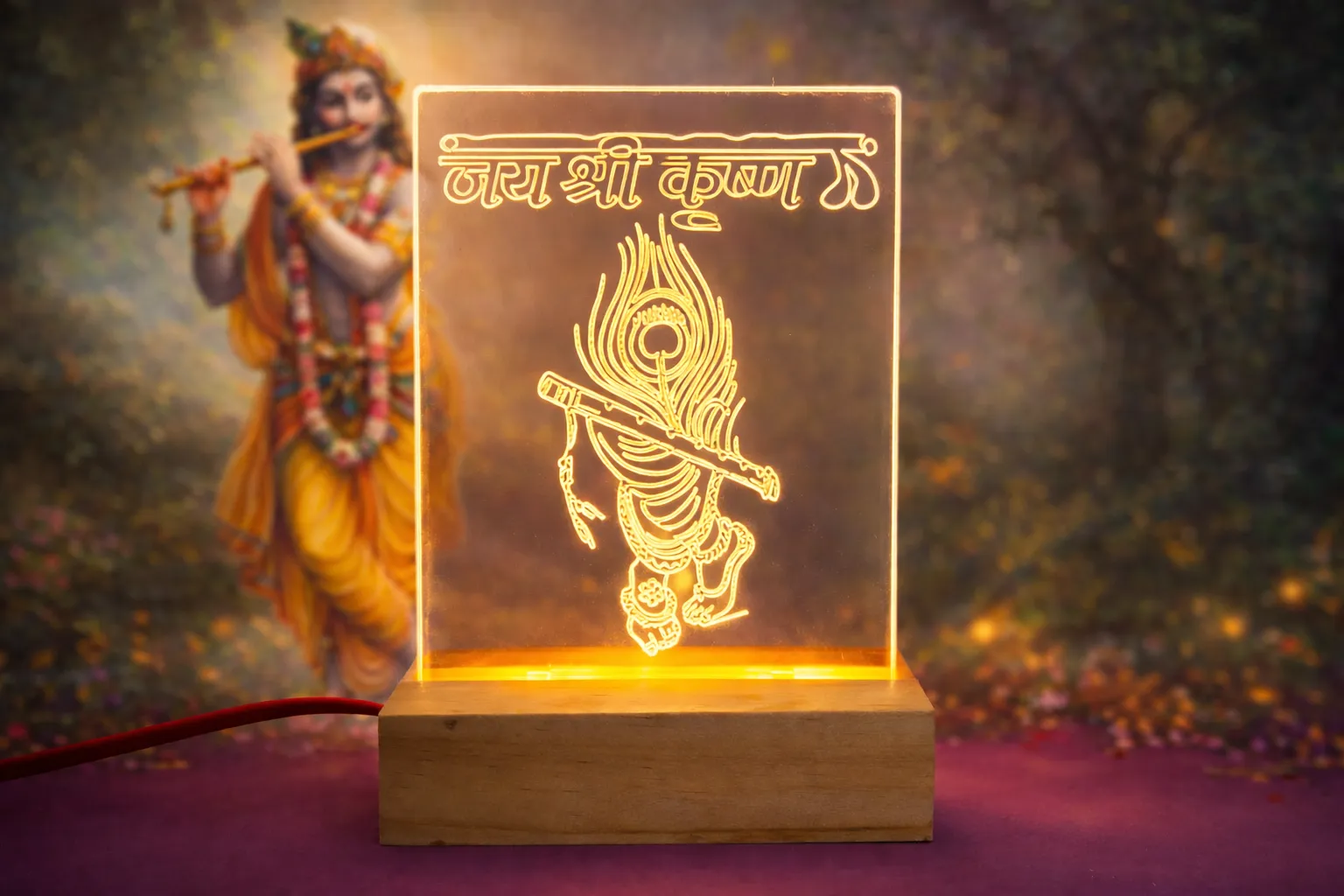Jai Shri Krishna LED Night Lamp with Premium Wooden Base, Peacock Feather Design, Warm White Light, Home Decor, Gift Item, Mandir Accessories 76% off