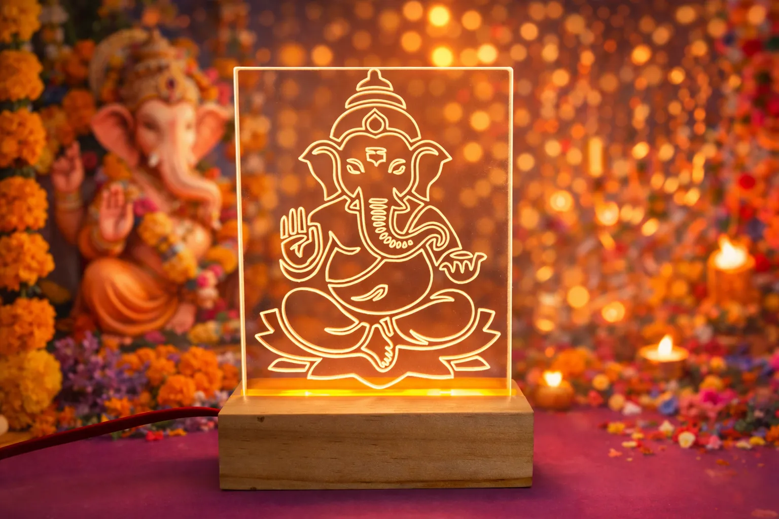 Lord Ganesha Acrylic lamp Light, Premium Wooden Base, with Power Adapter, Hindu God Decor, Warm White Light, Religious Theme, Gift Item, Home Decor, Mandir Accessories