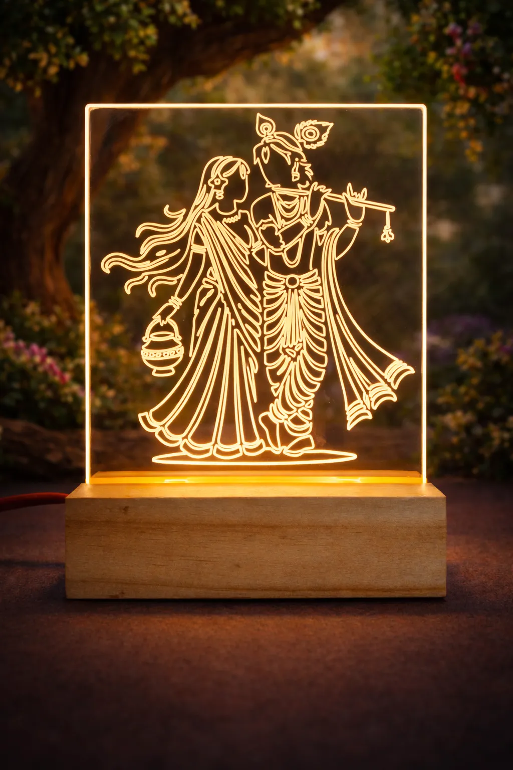 Radha Krishna LED Night Lamp with Wooden Base, Acrylic Illuminated Home Decor, Premium Gift Item with Power Adapter