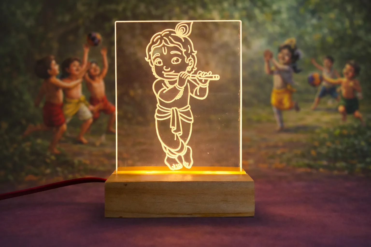 Lord Krishna Playing Flute - LED Night Light, Acrylic Panel with Wooden Base, Warm Yellow Glow with Power Adapter, Bal Gopal Premium Light lamp, Gift Item, Home Decor, Mandir Accessories