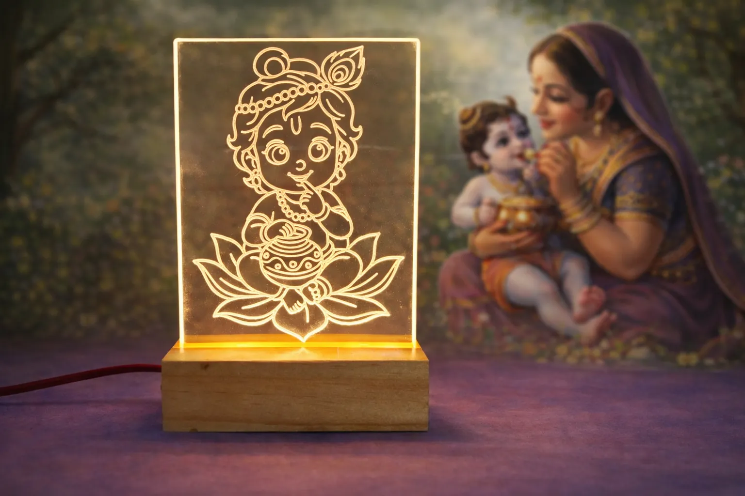 Bal Gopal LED Night Lamp with Wooden Base, Baby Krishna Eating Makhan Lotus Design, Home Decor, Mandir Decoration, Warm Light, Power Adapter Included