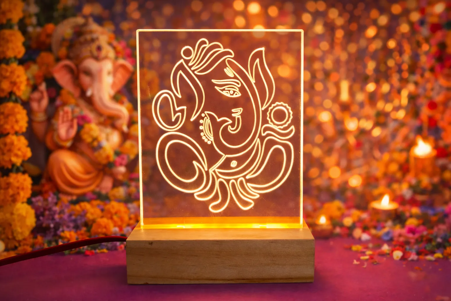 Ganesh Ji LED Acrylic Night Lamp with Wooden Base, Warm White Light, Home Decor, Power Adapter Included, Gift Item, Mandir Accessories